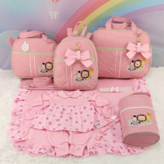KIT BOLSA MATERNIDADE 5 P SAFARI ROSA + SAIDA MATERNIDADE MENINA