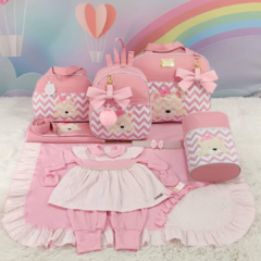 KIT BOLSA MATERNIDADE 5 PEÇAS URSO CHEVRON ROSA + SAÍDA MATERNIDADE MENINA na internet