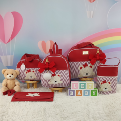 KIT BOLSA MATERNIDADE 5 PEÇAS URSO CHEVRON VERMELHO