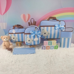 KIT BOLSA MATERNIDADE 5 PEÇAS URSO LISTRADO AZUL MENINO