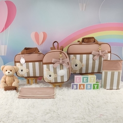 KIT BOLSA MATERNIDADE 5 PEÇAS URSO LISTRADO NUDE