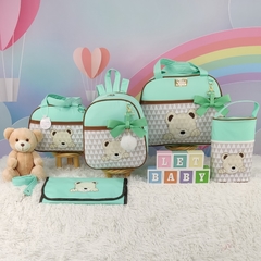 KIT BOLSA MATERNIDADE 5 PEÇAS URSO CHEVRON VERDE