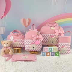 KIT BOLSA MATERNIDADE 5 PEÇAS URSO CHEVRON ROSA