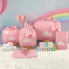 KIT BOLSA MATERNIDADE 5 PEÇAS NUVEM ROSA MENINA