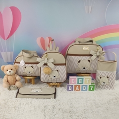 KIT BOLSA MATERNIDADE 5 PEÇAS URSO CHEVRON BEGE