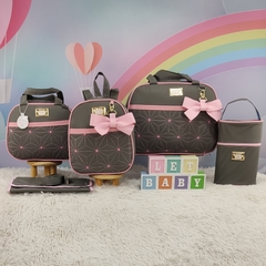 KIT BOLSA MATERNIDADE 5 PEÇAS ESTRELA CINZA C/ROSA