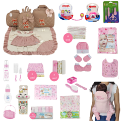 KIT BOLSA MATERNIDADE 3 PEÇAS C/ SAÍDA + ENXOVAL MASTER MENINA