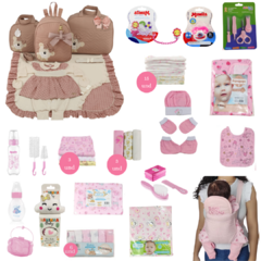 KIT BOLSA MATERNIDADE 3 PEÇAS C/ SAÍDA + ENXOVAL MASTER MENINA