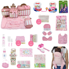 KIT BOLSA MATERNIDADE 5 PEÇAS C/ SAÍDA + ENXOVAL MASTER MENINA