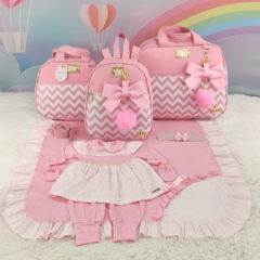 KIT BOLSA MATERNIDADE 3 PEÇAS CHEVRON ROSA + SAIDA MATERNIDADE - Let Baby Bolsas De Maternidade