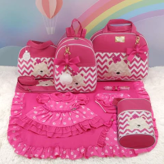 KIT BOLSA MATERNIDADE 5 PEÇAS URSO CHEVRON PINK + SAÍDA MATERNIDADE MENINA - Let Baby Bolsas De Maternidade