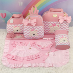 Imagem do KIT BOLSA MATERNIDADE 5 PEÇAS URSO CHEVRON ROSA + SAÍDA MATERNIDADE MENINA