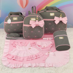 KIT BOLSA MATERNIDADE 5 P ESTRELA CINZA C/ ROSA + SAIDA MATERNIDADE MENINA - Let Baby Bolsas De Maternidade