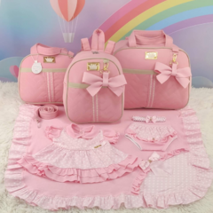 KIT BOLSA MATERNIDADE 3 PEÇAS LAÇO ROSA + SAIDA MATERNIDADE MENINA - Let Baby Bolsas De Maternidade