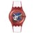 Reloj Swatch unisex con malla de silicona blanca y roja, Fondo con máquina a la vista. en internet