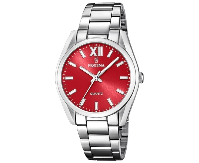 Reloj Festina de dama malla de acero fondo rojo