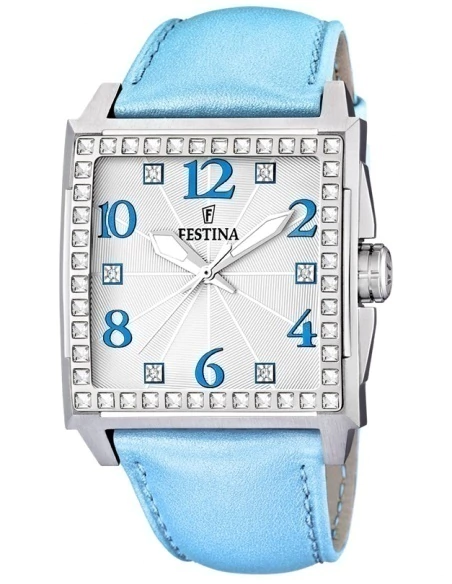 Reloj Festina de dama de malla de cuero con bisel con detalles de cristales