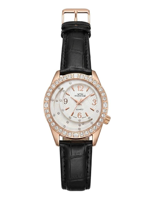 Reloj Montreal con malla de cuero negra