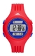 Reloj Adidas digital unisex con malla de silicona roja y detalles en azul.