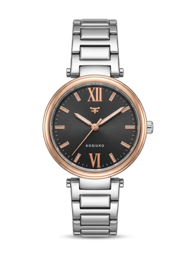 Reloj Kosiuko malla de acero plateada con bisel rose