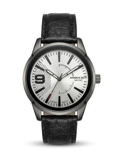 Reloj Knock Out de hombre con malla de cuero negra y fondo plateado.