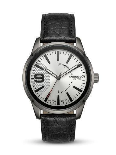 Reloj Knock Out de hombre con malla de cuero negra y fondo plateado.