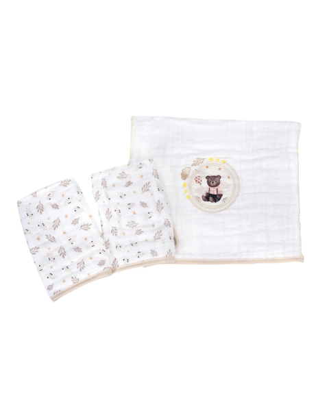 Panos de boca estampados com detalhe Bordado 3 unidades caixa Muito Mimo Neutro