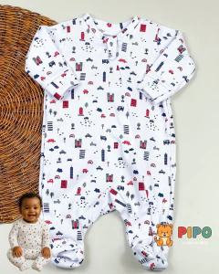 Kit 3 peças macacão menino longo zíper estampado pé fechado - Pipo Moda Bebe