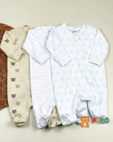 Kit 3 peças macacão menino longo zíper estampado pé fechado - comprar online