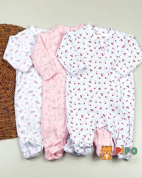 Kit 3 peças macacão menina longo zíper estampado pé fechado - comprar online