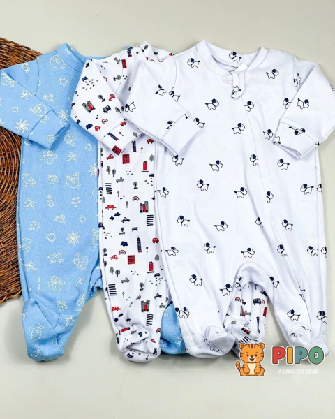 Kit 3 peças macacão menino longo zíper estampado pé fechado - comprar online