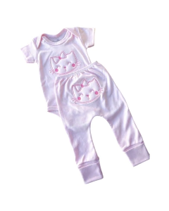 Conjunto body menina ribana manga curta liso canelado com bordado relevo 3D