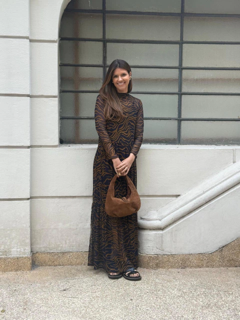 Vestido Nati tule Abstratta - Marinho / Caramelo - comprar online