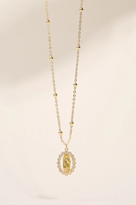 COLLAR CADENA BOLITAS MEDALLA VIRGEN OVAL BRILLOS