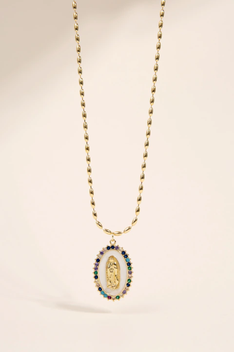 COLLAR CADENA ARROCES MEDALLA VIRGEN GUADALUPE CIRCONES MULTICOLOR
