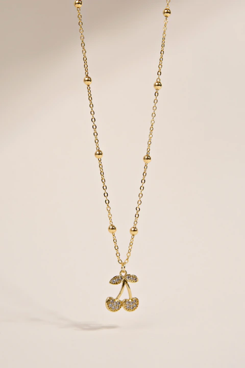 COLLAR CADENA BOLITAS CON DIJE CEREZA STRAS