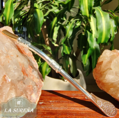 Bombilla alpaca paleta con labrado y boquilla de oro