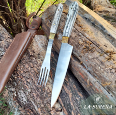 Juego de cubiertos con cabo de asta ciervo y bronce 29 cm