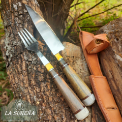 Juego de cubiertos cabo madera y ciervo y anillado 25 cm