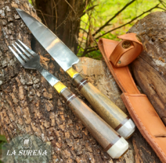 Juego de cubiertos cabo madera y ciervo y anillado 25 cm - comprar online