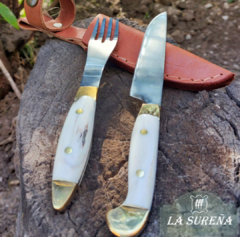 Juego de cubiertos con asta de ciervo y bronce en vaina 21 cm
