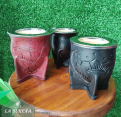 Mate calabaza camionero cuero repujado virola acero inoxidable