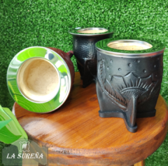 Mate calabaza camionero cuero repujado virola acero inoxidable en internet