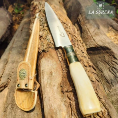 cuchillo artesanal hoja acero inox cabo hueso vaina cuero crudo 26 cm