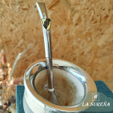 bombilla pico loro de acero inoxidable con dije bronce futbolera