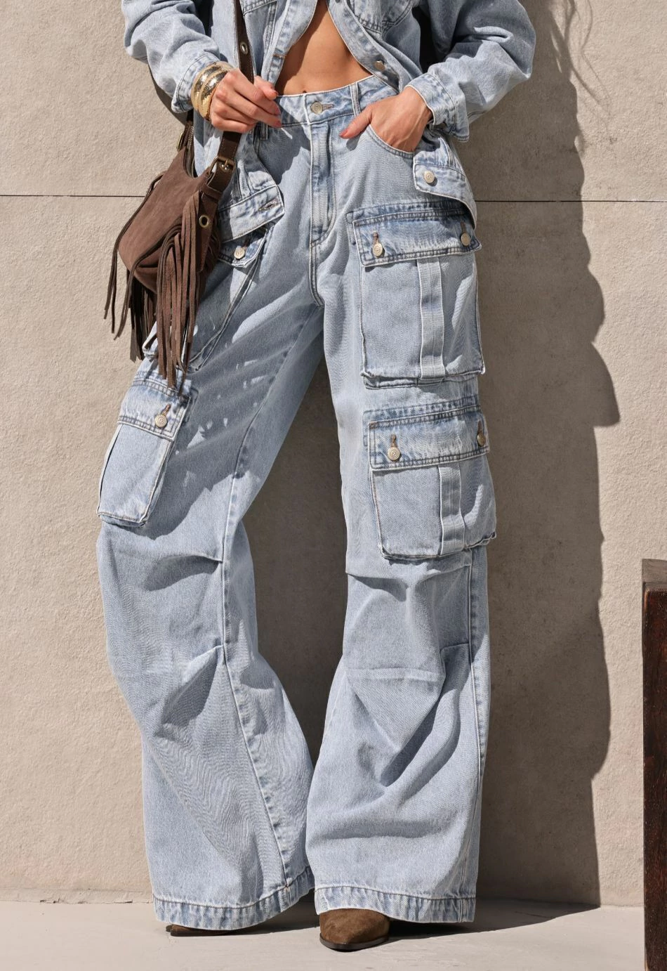 CALCA CARGO UTILITY JEANS CLARO ALCANCE PRÉ VENDA