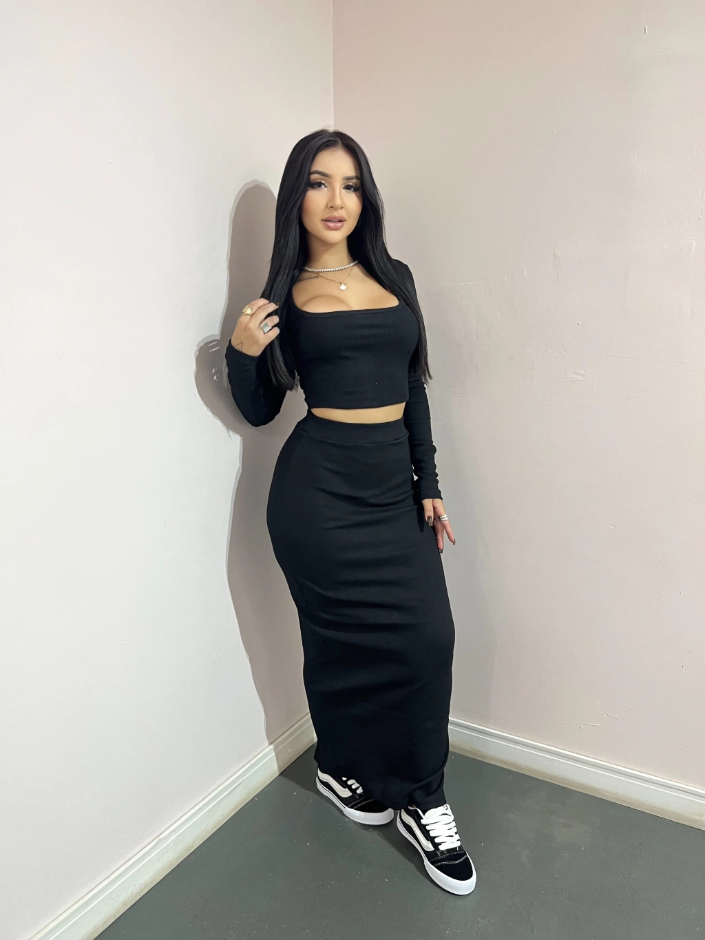 CONJUNTO MANGA LONGA MIDI PRETO