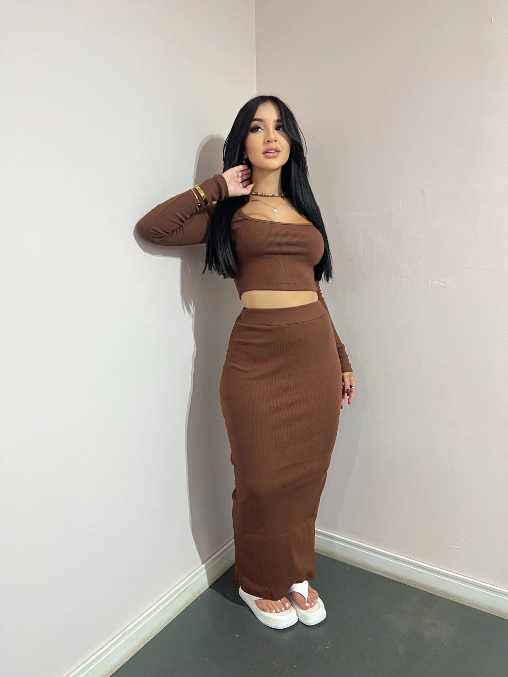 CONJUNTO MANGA LONGA MIDI MARROM