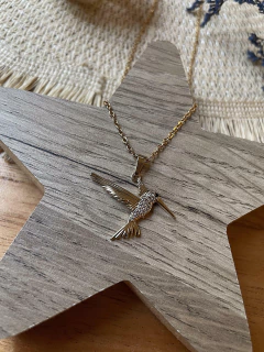 Conjunto colibri strass - cadena de acero dorado - tienda online
