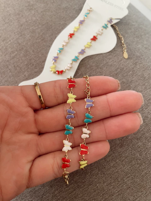 Tobillera mariposas de colores - acero dorado - comprar online